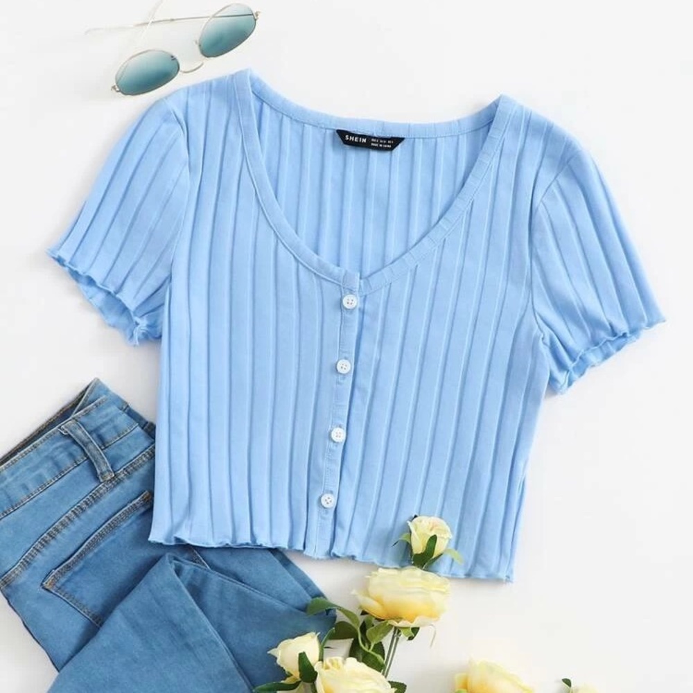 Blue Frill Trim Ruched Cami Crop Top